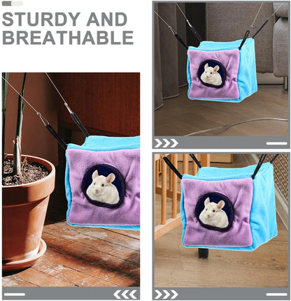 Small Animal Hanging Hammock Cage with Double-Layer Cozy Cube Bed for Hamsters Squirrels Ferrets and Chinchillas Small Pet Suspend Cage Hideout