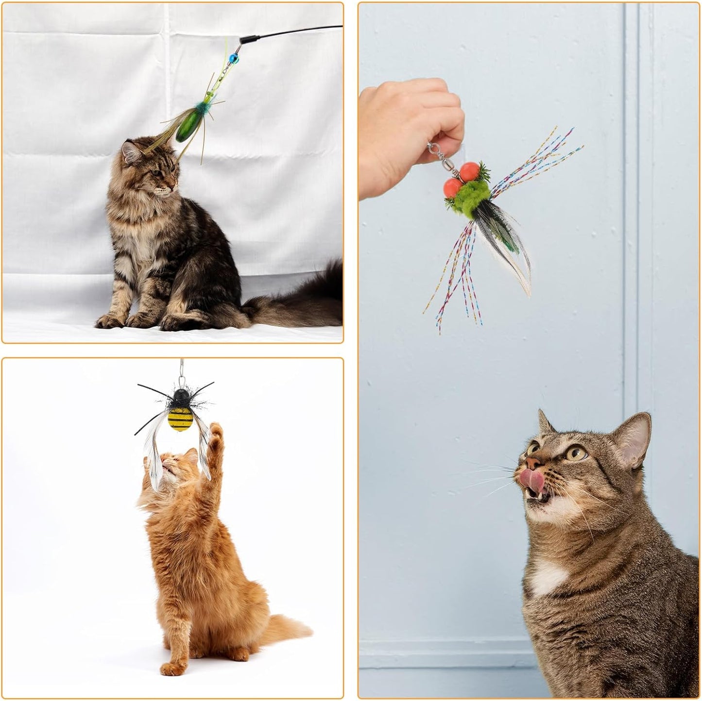 Cat Insect Feather Toys Replacement Cat Toy Wand Refills, 6 Pieces Natural Insect Cat Toy Feathers Refill, Interactive Cat Teaser Wand Attachments, with Bell(Style 8)