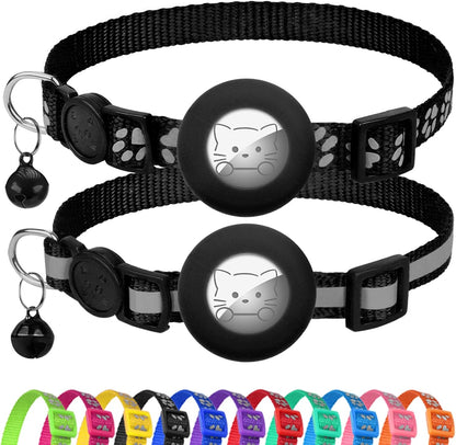Joytale Reflective AirTag Cat Collar, Breakaway Buckle, 2 Pack Lightweight AirTag Holder Pet Collars with Bell, Adjustable 7.5-12.5 Inch for Girl Boy Cats Kitten Puppy, Black