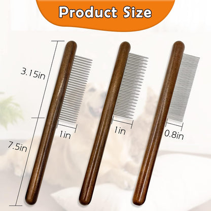 3 Pack Solid Wood Cat Combs, Stainless Steel Teeth for Cat Dog Rabbit Massage, Flea Lice Comb Removes Mats, Tangles and Loose Fur, Grooming Comb for Small Medium Pets