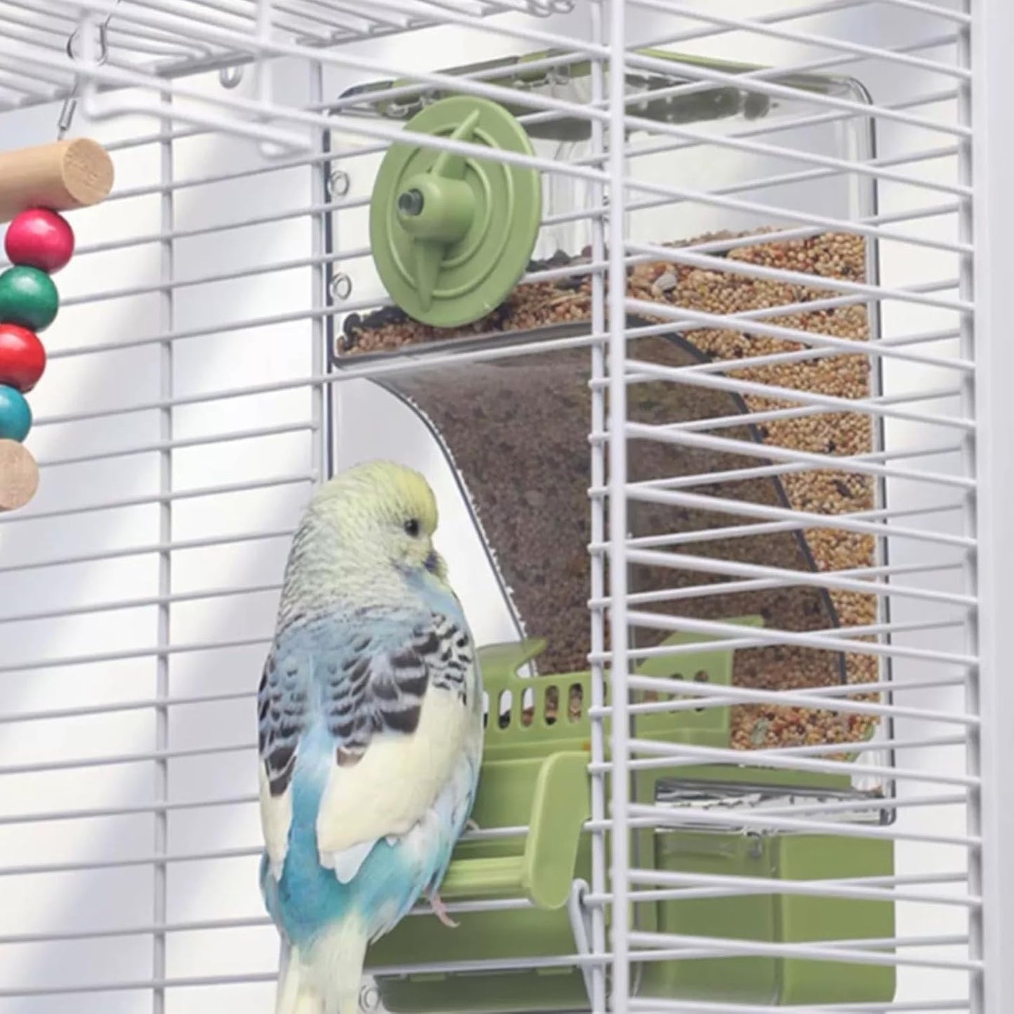 Bird Feeder Water Dispenser Set, Automatic Cage Feeder with Perch for Parakeet Canary Cockatiel Finch Budgie (Green)