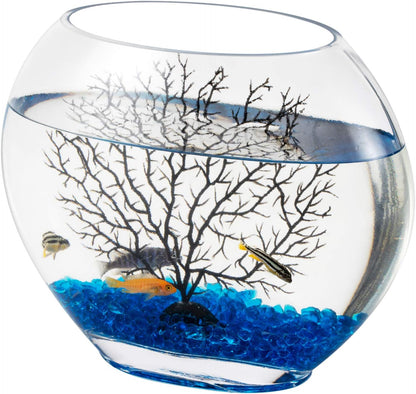 hygger Mini Glass Oblate Fish Bowl Kit, Small Fish Tank Comes with Blue Aquarium Decor Stones and Plastic Fan Branch Tree Ornament