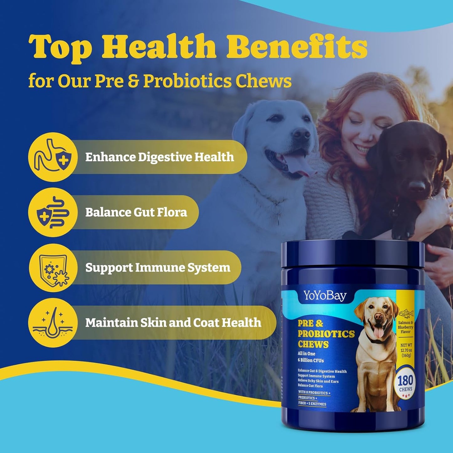 Probiotics for Dogs - Dog Probiotics for Gut, Immune & Skin Health - 6 Billion CFUs, 180 Soft Chews, Salmon & Blueberry Flavor - with Prebiotics & Digestive Enzymes