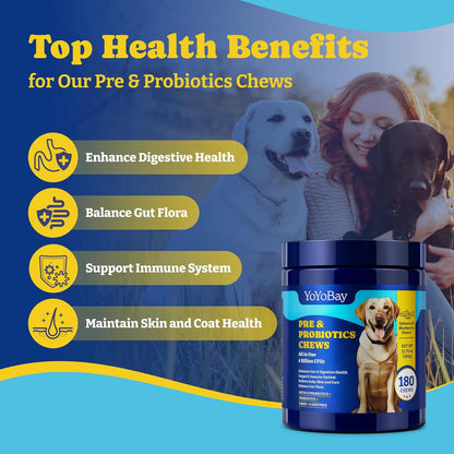 Probiotics for Dogs - Dog Probiotics for Gut, Immune & Skin Health - 6 Billion CFUs, 180 Soft Chews, Salmon & Blueberry Flavor - with Prebiotics & Digestive Enzymes
