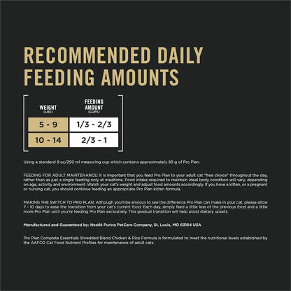 Purina Pro Plan Complete Essentials Shredded Blend Chicken and Rice Formula Adult High Protein Cat Food - 6 lb. Bag