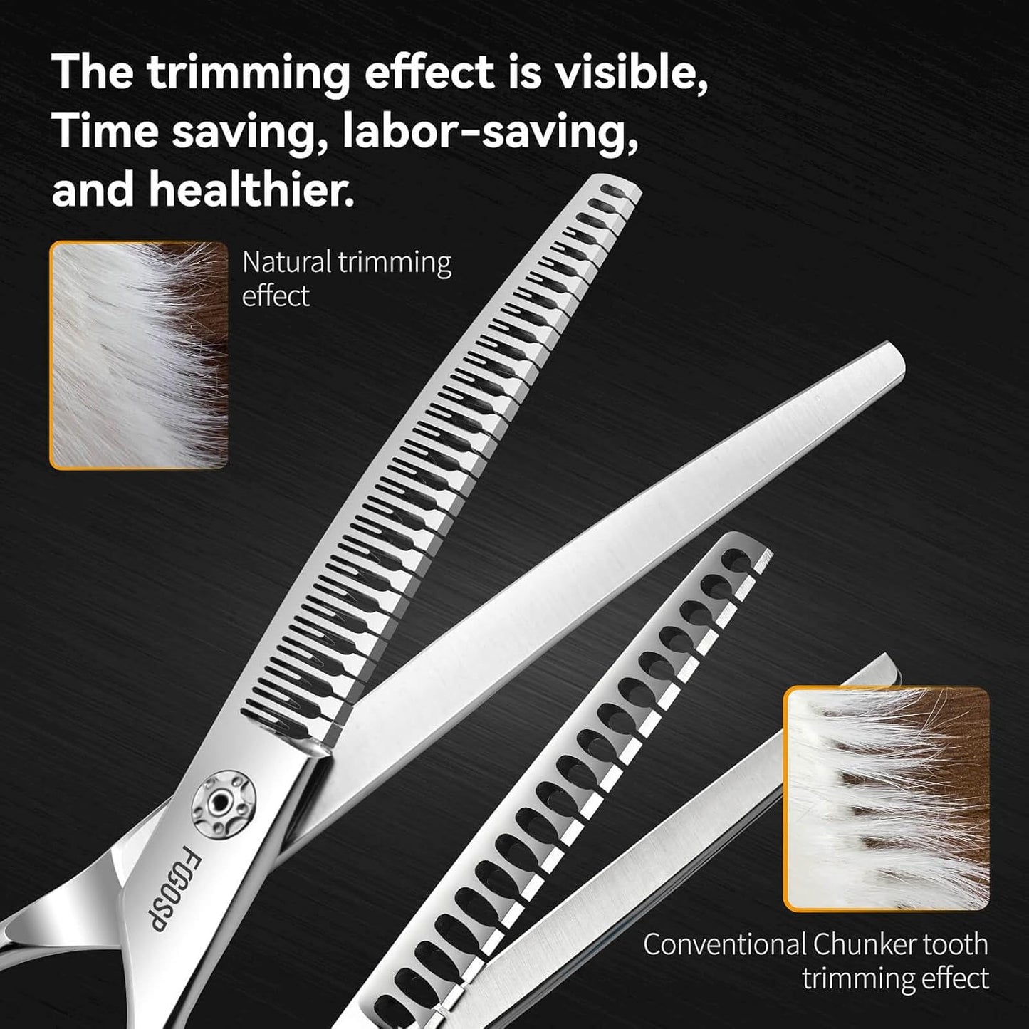 Curved Thinning Shears Dog Grooming Scissors 7.5" Curved Chunkers for Dogs Pet Japan Alloy Steel 70% Thinning Rate 33 Horseshoe Teeth Fluffier Natural (7.5 in, Curve Chunker with Comb)