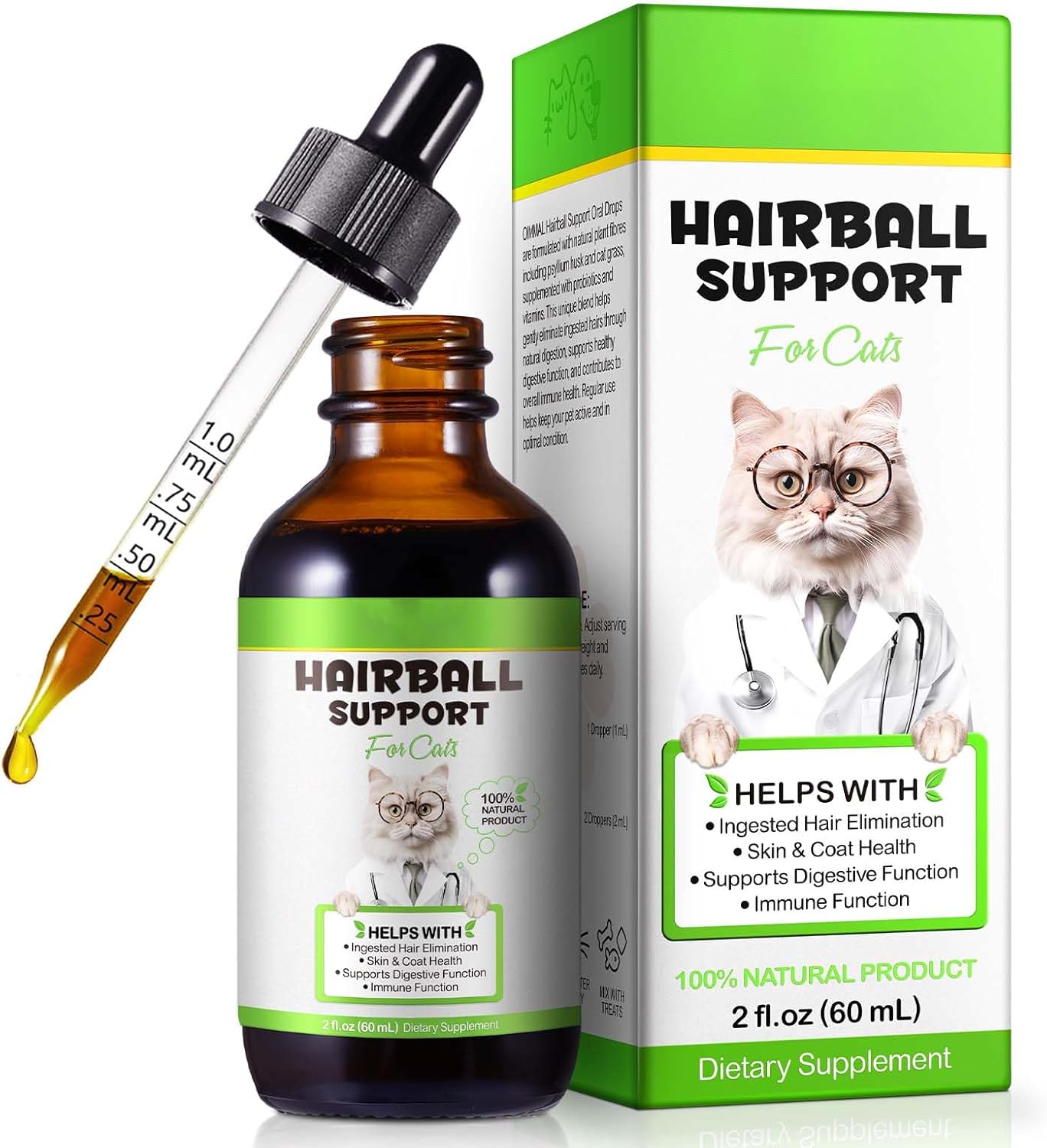 Hairball Treatment for Cats, Cat Hairball Remedy, Hairballs Drops Promotes Natural Passage of Hairballs, Supports Skin & Coat, Digestion, Immune - Chicken Flavor, 60ML