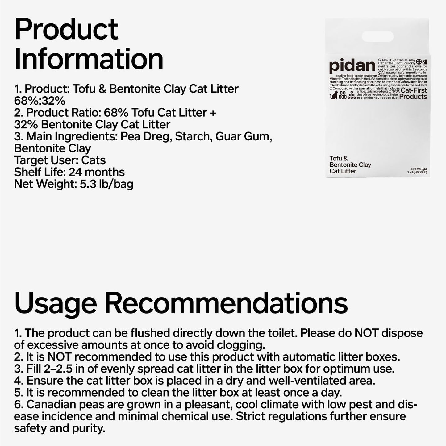 pidan Mix Cat Litter,Tofu Cat Litter with Bentonite 70%:30%,Absorbent and Fast Drying,Flushable Tofu Litter,Selected Quality Pea Dregs,5-Fold Water Absorption,Strong Clumping（5.3lb×2bags）