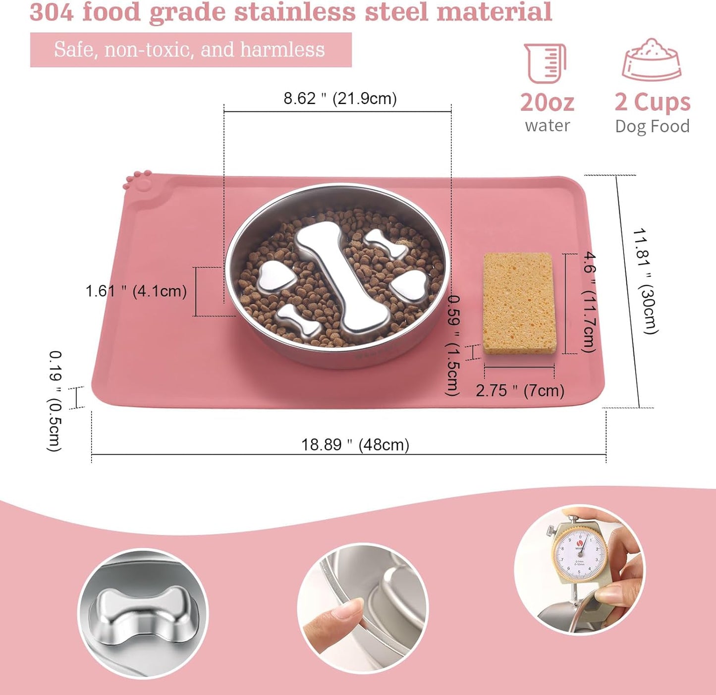 Stainless Steel Slow Feeder Dog Bowls – Non-Slip Metal Dog Bowl for Large & Medium Breeds, Puppy Puzzle Feeder – 2 Cup Capacity for Small to Big Pets – Durable Slow Feed Dog & Cat Food Dish with Mat