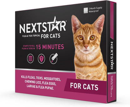 NEXTSTAR Flea and Tick Prevention for Cats, Repellent, Treatment, and Control, Fast Acting Waterproof Topical Drops for Cats Over 3.5 lbs, 3 Month Dose