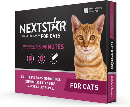 NEXTSTAR Flea and Tick Prevention for Cats, Repellent, Treatment, and Control, Fast Acting Waterproof Topical Drops for Cats Over 3.5 lbs, 3 Month Dose