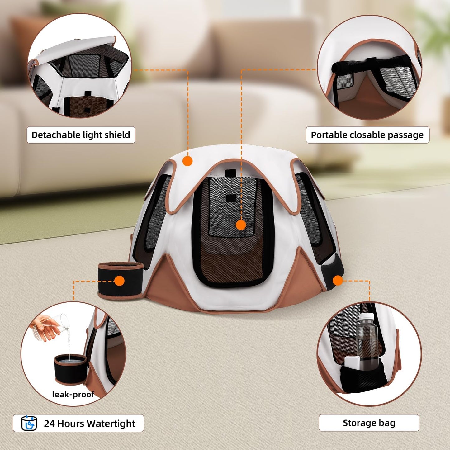 Foldable Portable Pet Playpen with Feeding Bowls, Indoor Outdoor Pet Tent for Dogs Cats Rabbits Chickens, Travel Camping Pet Enclosure(Brown)