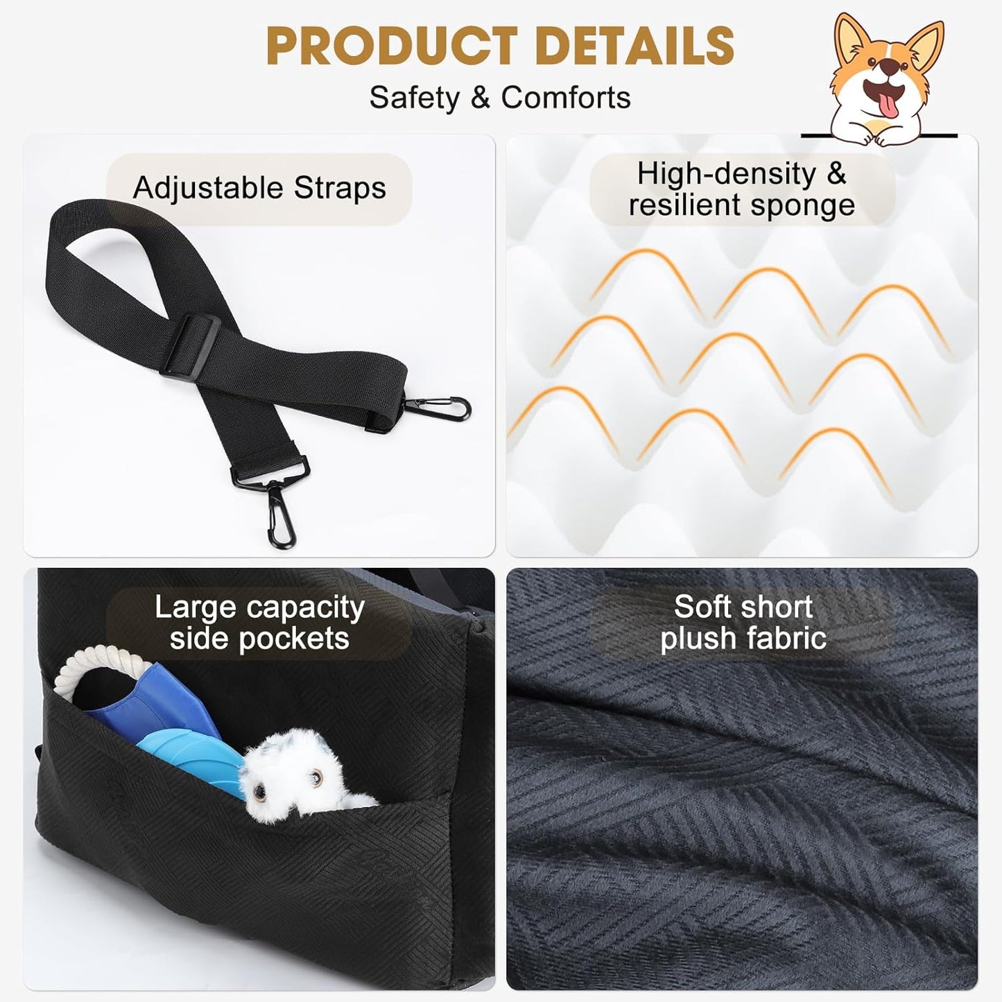 JOEJOY Dog Car Seat for Small/Medium Dogs, Memory Foam Dog Booster Seat with Washable Cover, Travel Safety Pet Car Seat with Storage Pockets for Dogs up to 30 lbs