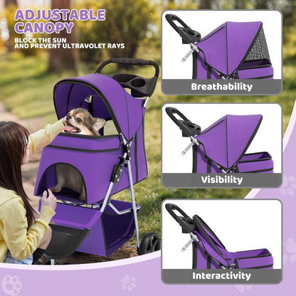Magshion 3-Wheel Pet Stroller, Foldable Travel Jogger for Small & Medium Dogs & Cats (Up to 33lbs), Lightweight Carrier with Breathable Mesh Cover, Cup Holder & Storage Basket, Purple