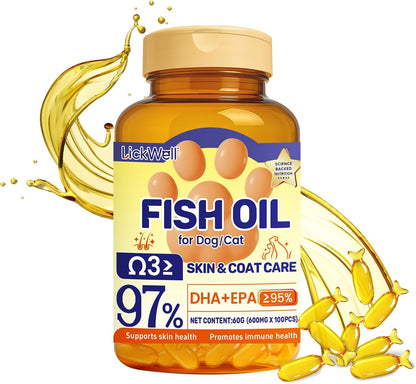 Fish Oil for Dogs & Cats, Omega 3 Fish Oil for Pets | Rich in 97% Omega 3 & 95% EPA+DHA | Made with Peruvian Anchovies, Promotes Healthy Skin, Shiny Coat & Strong Joints, 100 Capsules