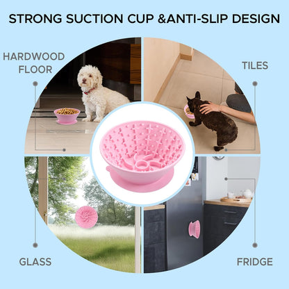 Dog Lick Bowl – Silicone Lick Mat for Dogs with Freeze Bone, Slow Feeder, Non-Slip Base, Includes Brush & Scraper, Large Opening for Anxiety Relief & Oral Health, Ideal for Frozen Treats (Pink)-Large