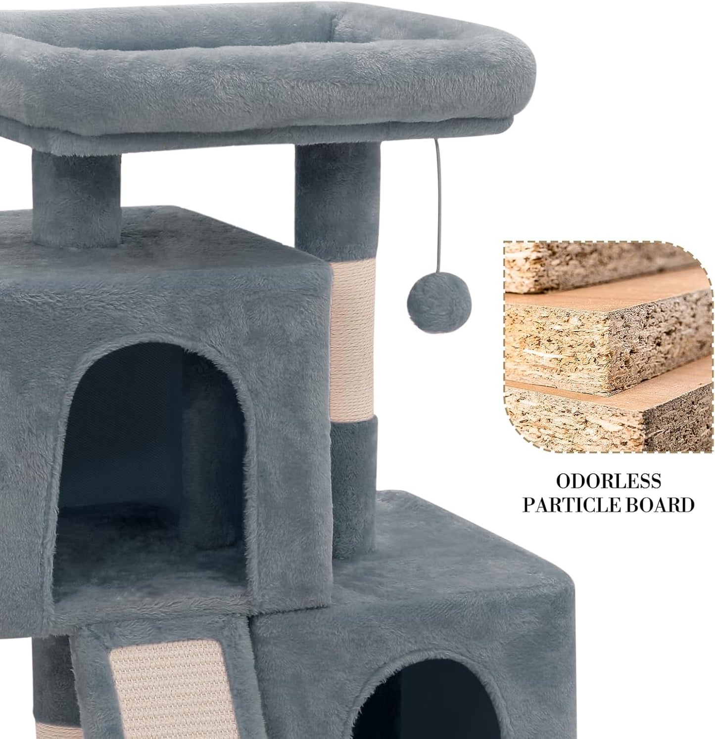 Athena Collection Small Cat Tree, Modern 34 Inch Cute Cat Tree Tower with Scratching Post 2 Condo Activity Platform and Playing Ball for Indoor, Light Grey