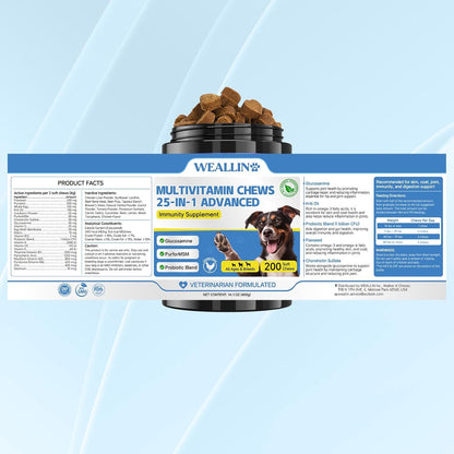 Dog Vitamins - 25-in-1 Dog Vitamins and Supplements Multivitamin with Glucosamine Probiotics Omega-3 Puppy Multivitamin Chewable for Coat, Heart, HIPS & Joints, Digestion & Immune System 200pcs