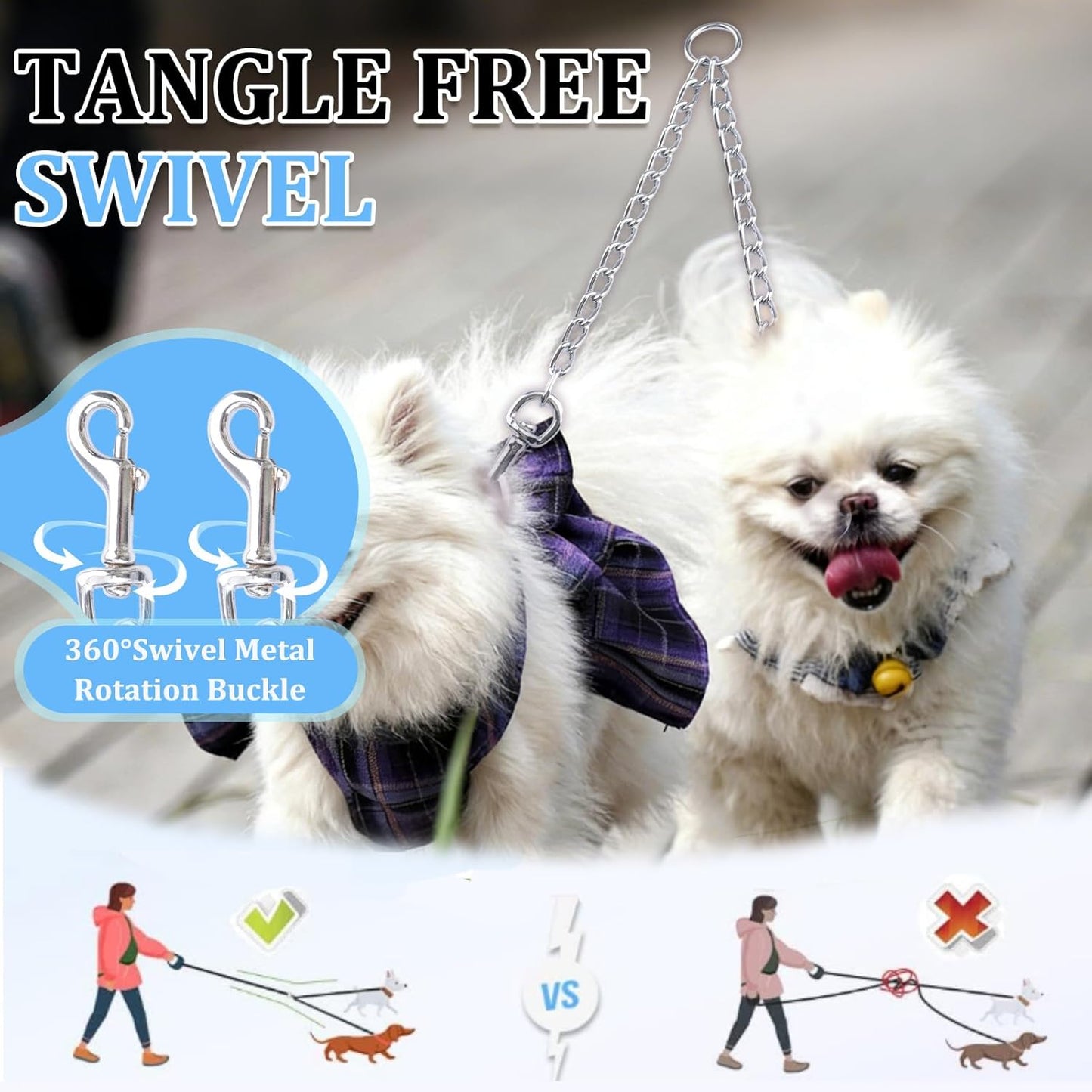 Double Dog Leash Coupler-360°Swivel,1 PCS Dog Lead Metal Chain No Tangle Walking Metal Leash with Shock Absorbing Bungee for Outdoor Walk Train Small Medium Pet(60cm/23.62in,Silver)