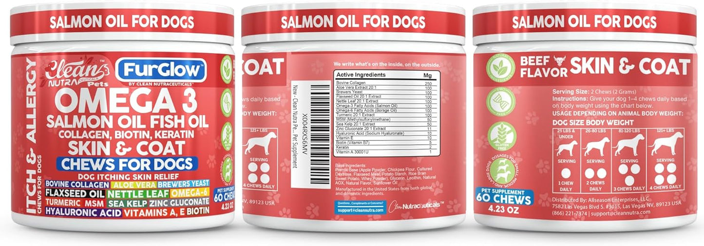 FurGlow Skin and Coat Supplement for Dogs Salmon Oil Omega 3 Fish Oil Turmeric Collagen Aloe Vera Flaxseed Oil Hyaluronic Acid Biotin Keratin Aloe Vera Allergy Relief Beef Flavor | Clean Nutra Pets