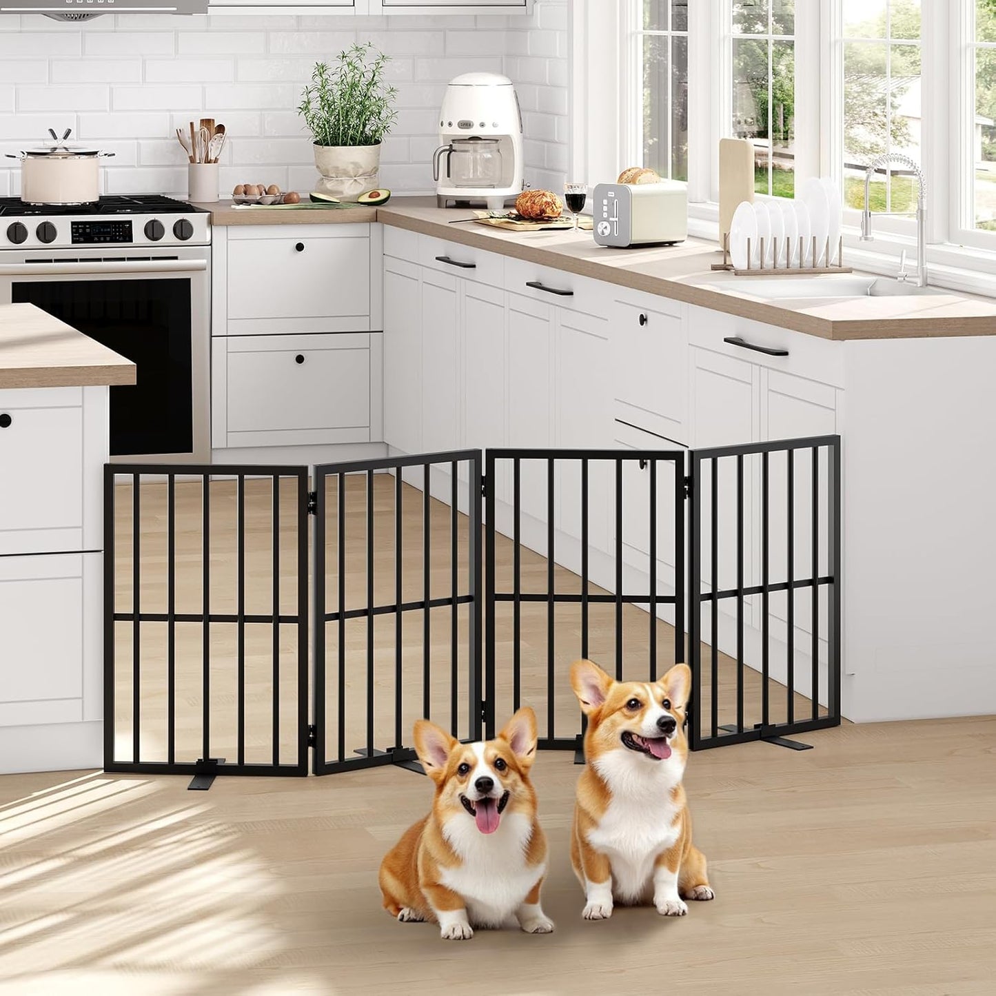 Cat Litter Box Enclosure and Freestanding Dog Gate Bundle, Hidden Litter Box Furniture with Double Room, 4-Panel Foldable Pet Gate with Support Feet, Indoor Use, CWHR1201-DGBK6101