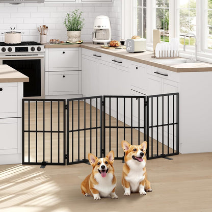 Cat Litter Box Enclosure and Freestanding Dog Gate Bundle, Hidden Litter Box Furniture with Double Room, 4-Panel Foldable Pet Gate with Support Feet, Indoor Use, CWHR1201-DGBK6101