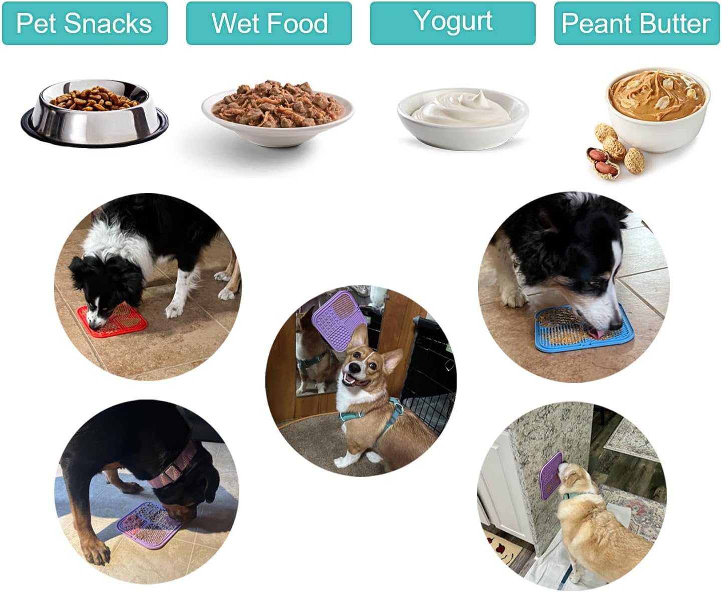 Lick Mat for Dogs and Cats, 7.9inch Licking Pad with Suction Cups, Slow Feeder Pet Bowls for Training and Bathing Grooming Large 4Pack