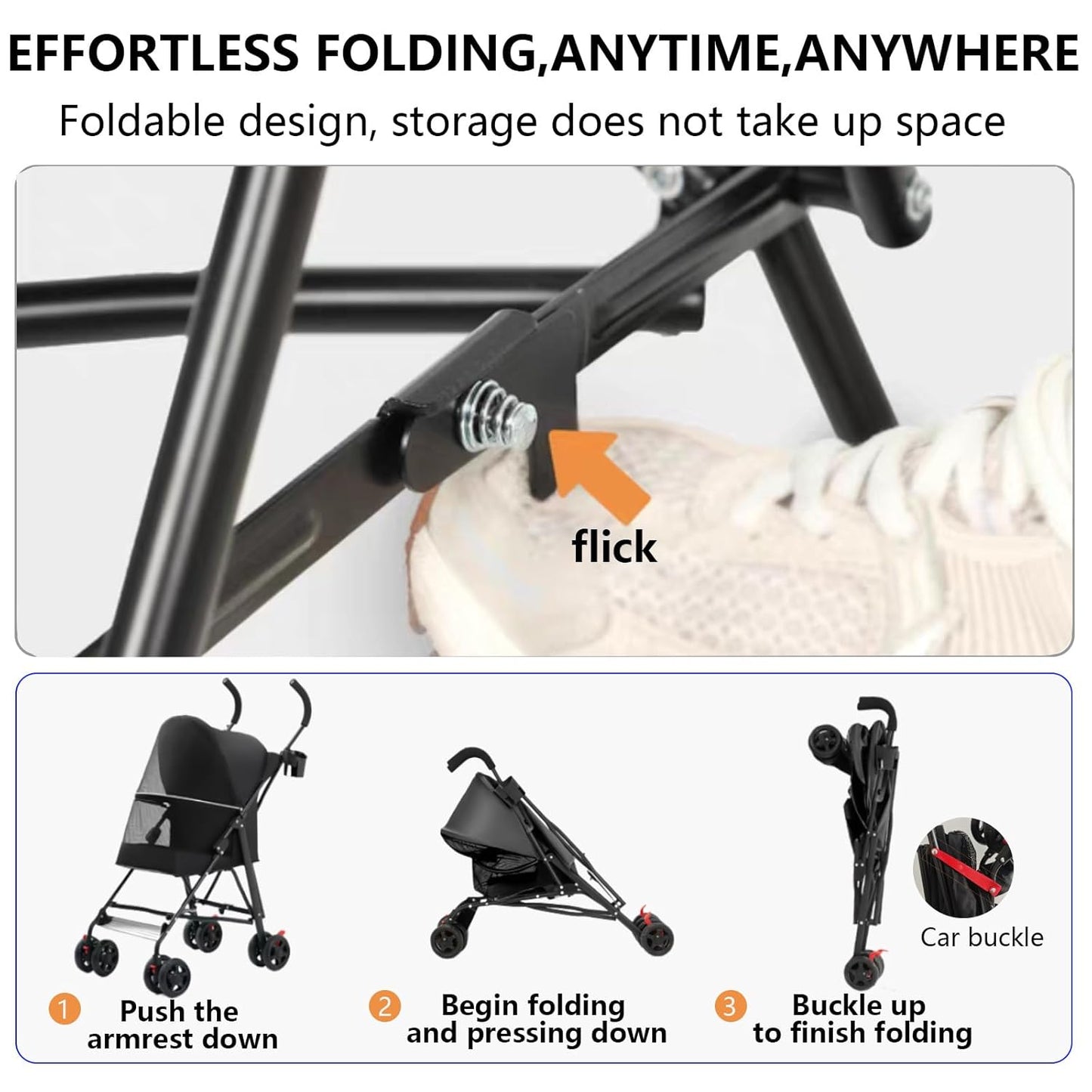 Pet Stroller with Mesh Ventilation, Lightweight Foldable Design, Cup Holder, Black