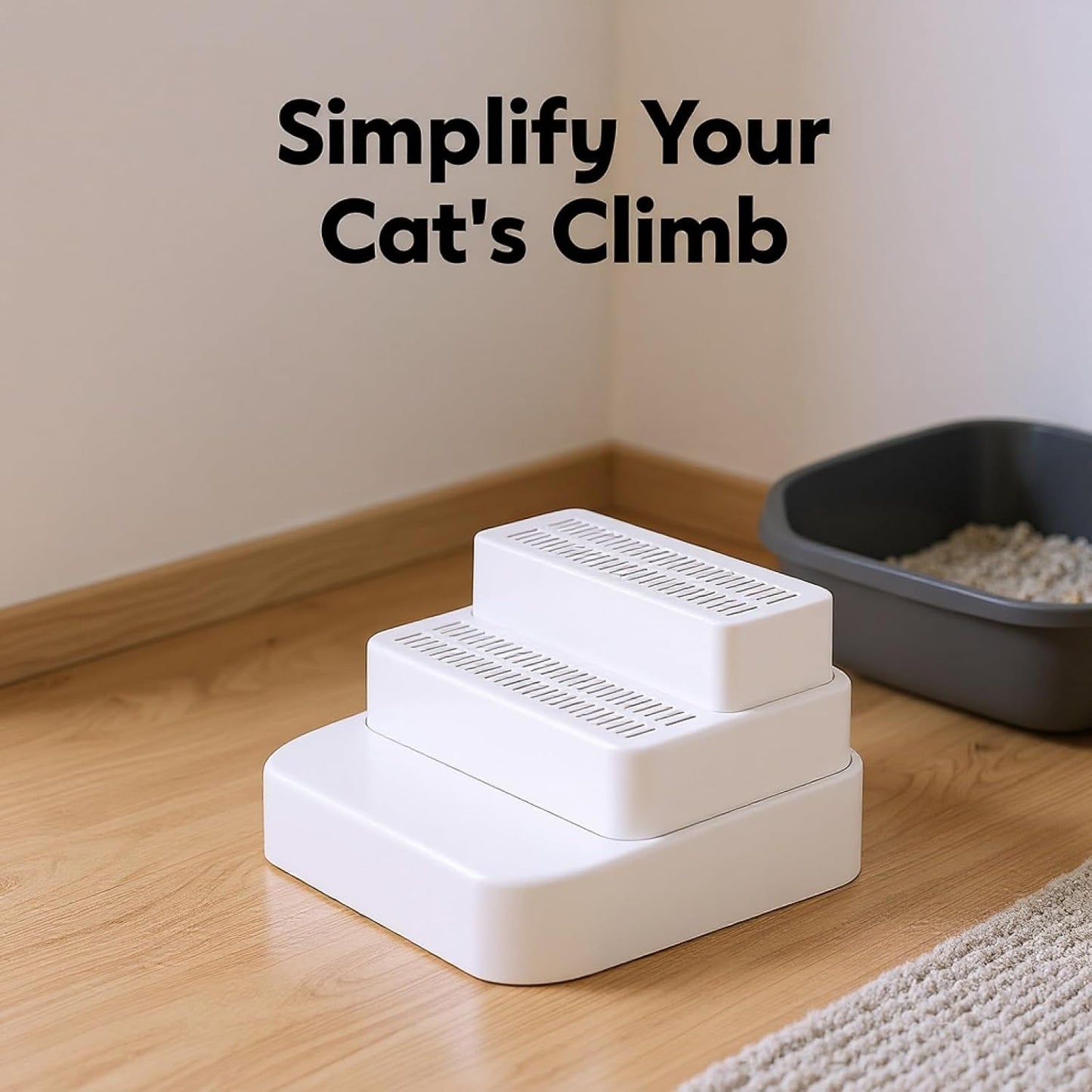 Adjustable 3-Step Cat Litter Box Ramp, 11.4 x 11.4 x 8.4 in, Stable Structure Design, Easy to Clean, Great Litter Box Step for Young & Senior Cats