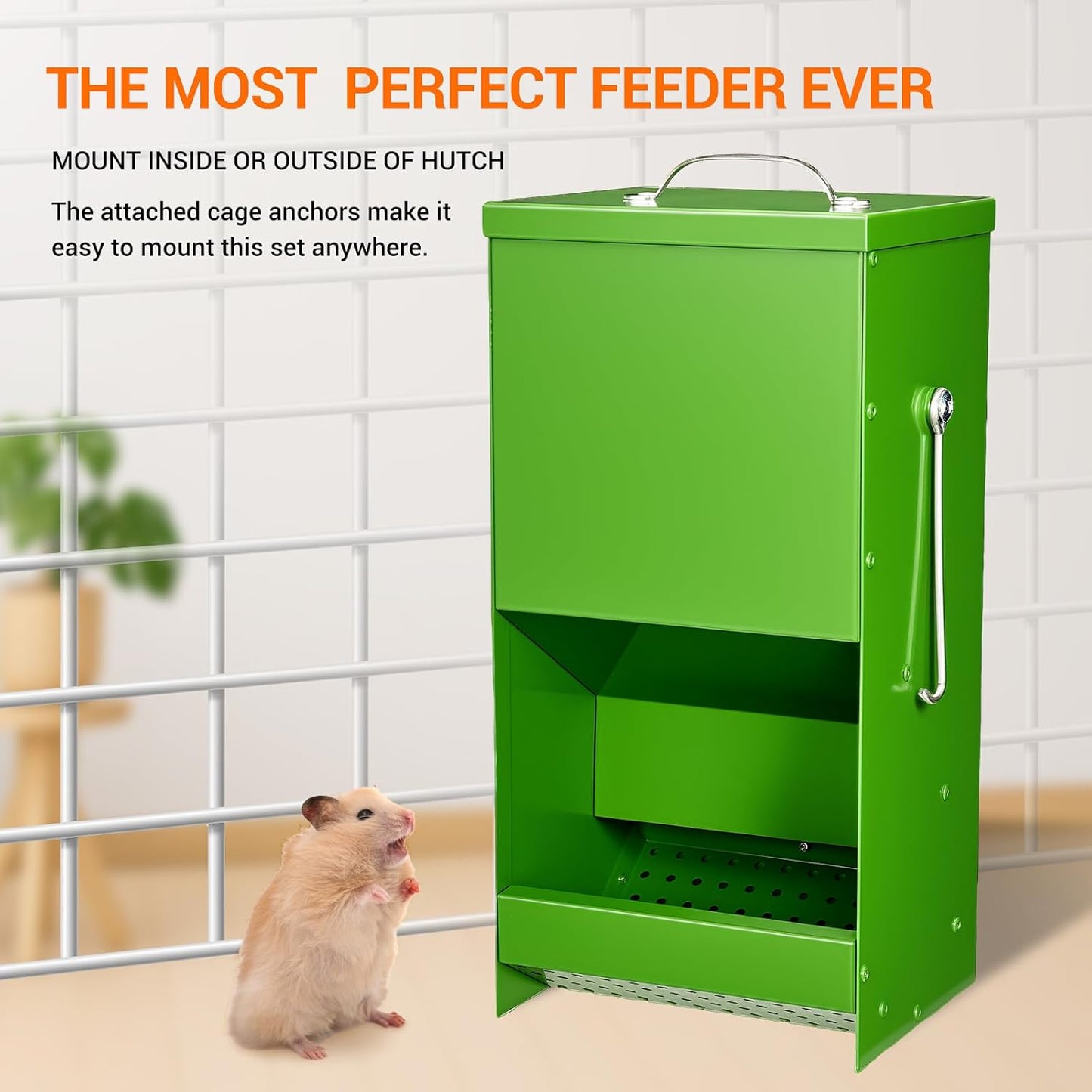 Rabbit Feeders Automatic for Cages,5 Pound Large Metal Trough Feeder with Lid Galvanized Steel Outdoor Bunny Food Dispenser for Rabbits Chicken Guinea Pig Pet and Other Small Animals Green