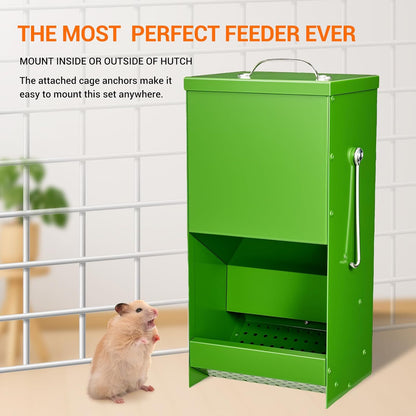 Rabbit Feeders Automatic for Cages,5 Pound Large Metal Trough Feeder with Lid Galvanized Steel Outdoor Bunny Food Dispenser for Rabbits Chicken Guinea Pig Pet and Other Small Animals Green