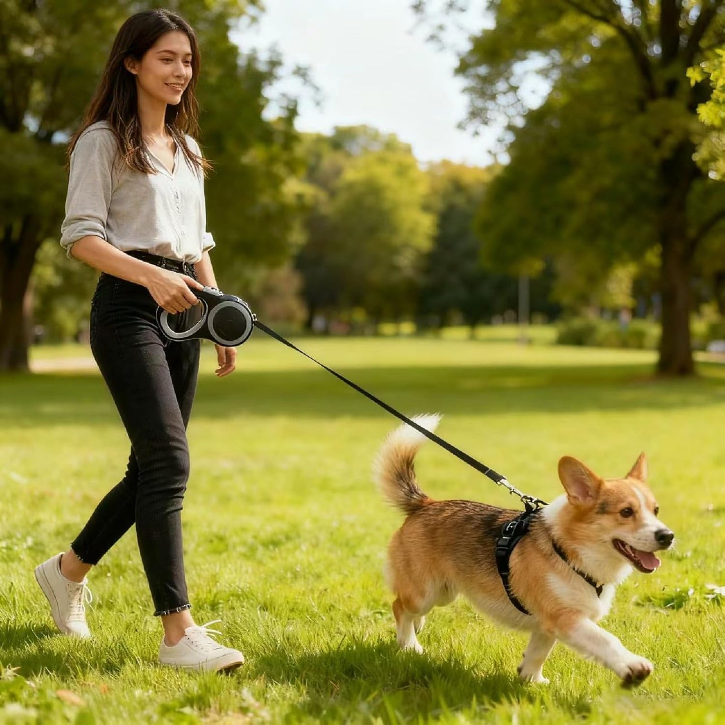 Retractable Dog Leash 16 FT Walking Leash Up to 44 lb, 360° Tangle-Free Dog Leashe, Strong Nylon Tape No Tangle, Explosion-Proof Carabiner, Anti-Slip Handle (Black, 16FT)