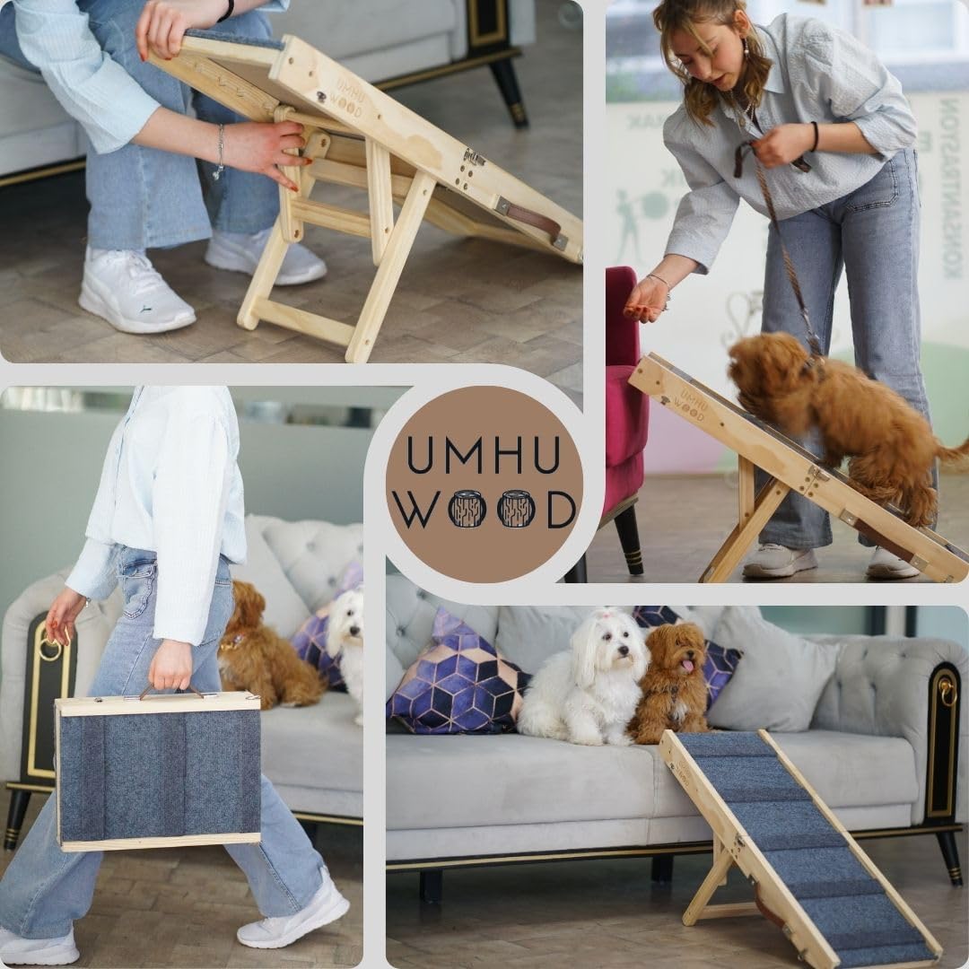 UMHUWOOD Dog Ramp for Couch, Bed, and Car – Adjustable, Portable, Foldable, Non-Slip Wooden Pet Ramp for Small, Medium, and Senior Dogs and Cats – Up to 19.5" High