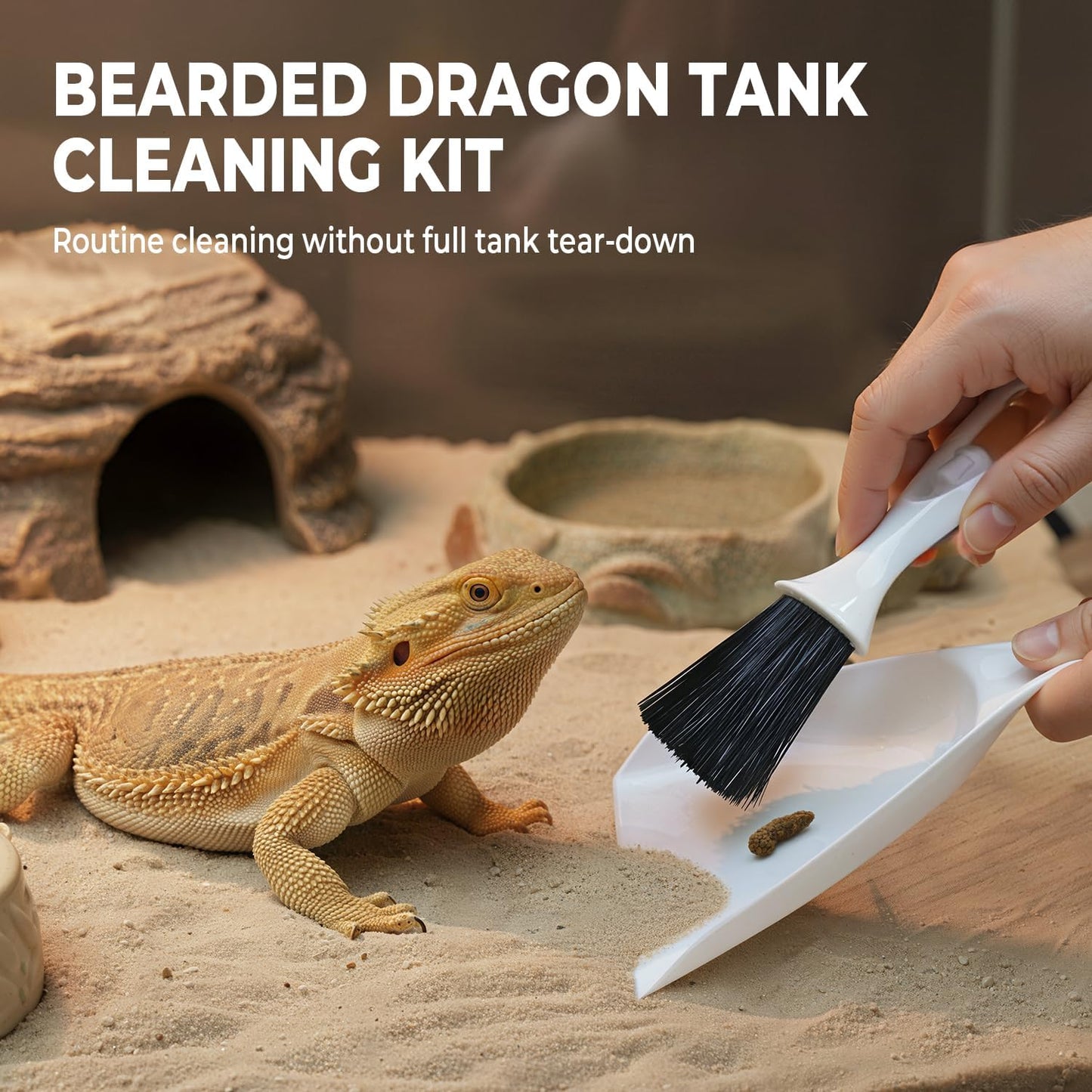 Bearded Dragon Tank Cleaning Kit, Reptile Enclosure Cleaning Tool Set with Mini Dustpan, Brush, Scraper & Cleaning Cloth for Lizard & Gecko Terrarium Maintenance