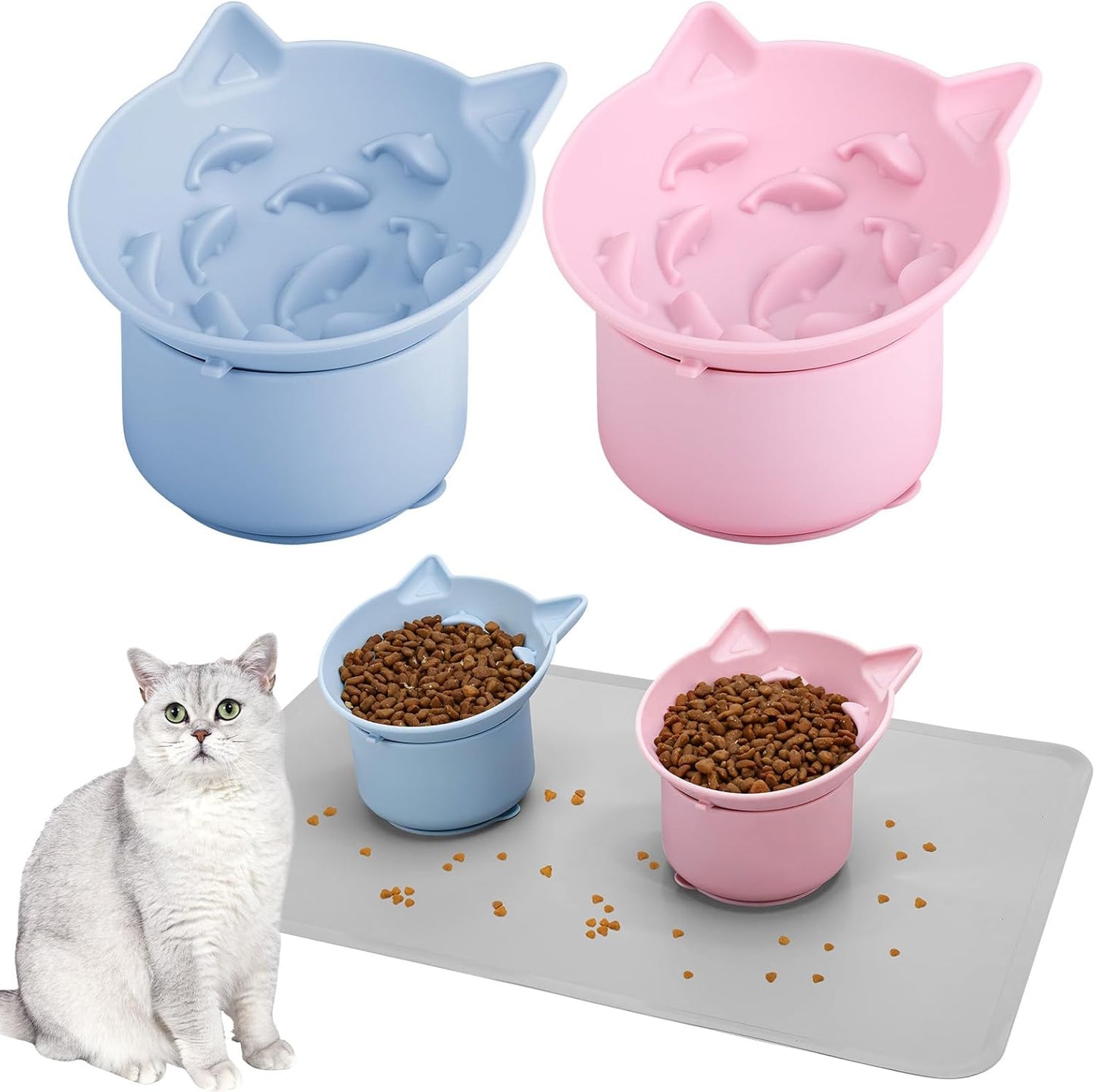 2 Pack Pink, Blue Slow Feeder for Cat Bowls, Silicone Tilted Raised Pet Bowl with Non Slip Base for Digestion Anti Vomit