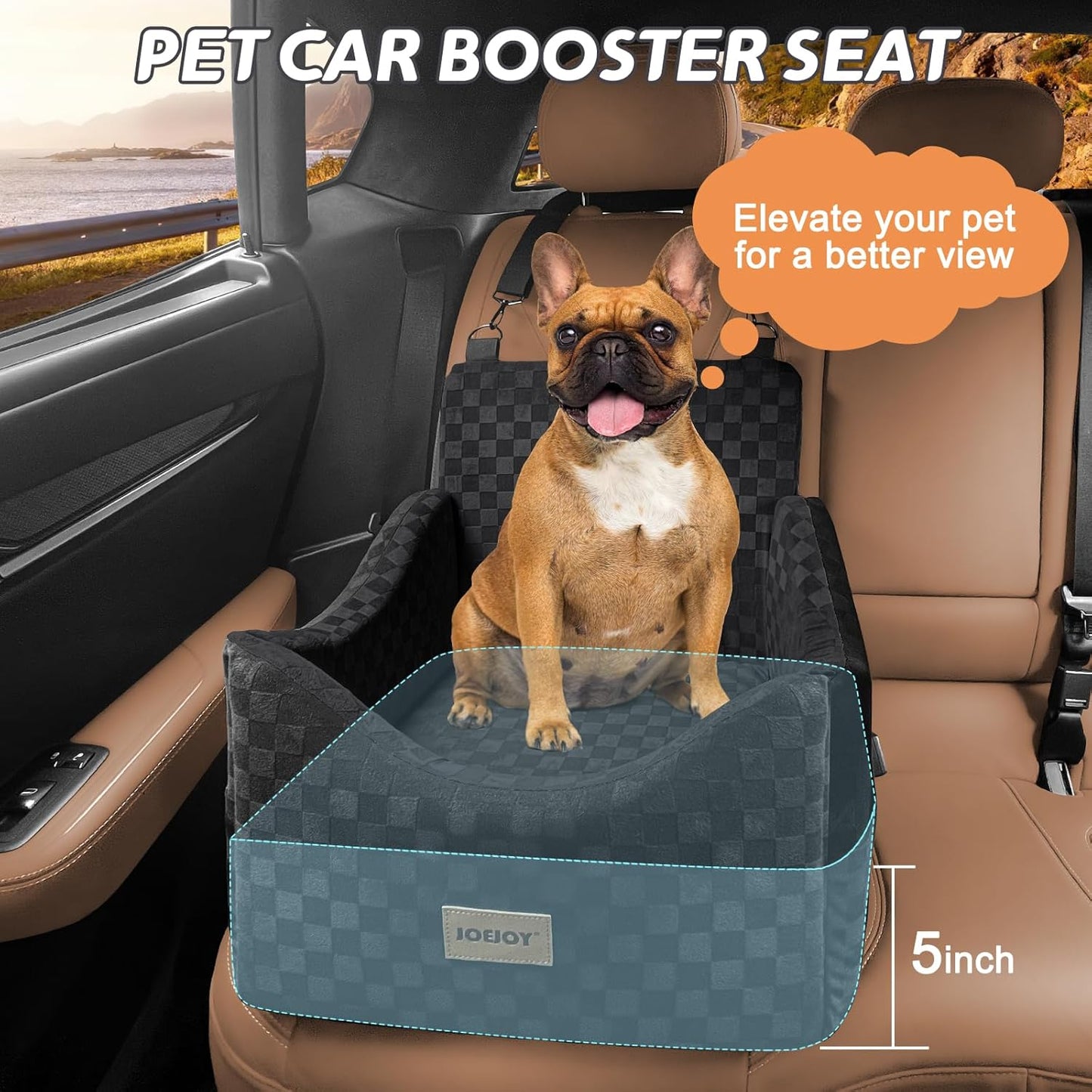 JOEJOY Elevated Dog Car Seat for Small/Medium Dogs up to 35 lbs, Memory Foam Booster Seat with Detachable Washable Cover, Travel-Safe Car Bed with Safety Belts & Storage Pockets, Black