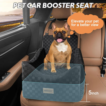 JOEJOY Elevated Dog Car Seat for Small/Medium Dogs up to 35 lbs, Memory Foam Booster Seat with Detachable Washable Cover, Travel-Safe Car Bed with Safety Belts & Storage Pockets, Black