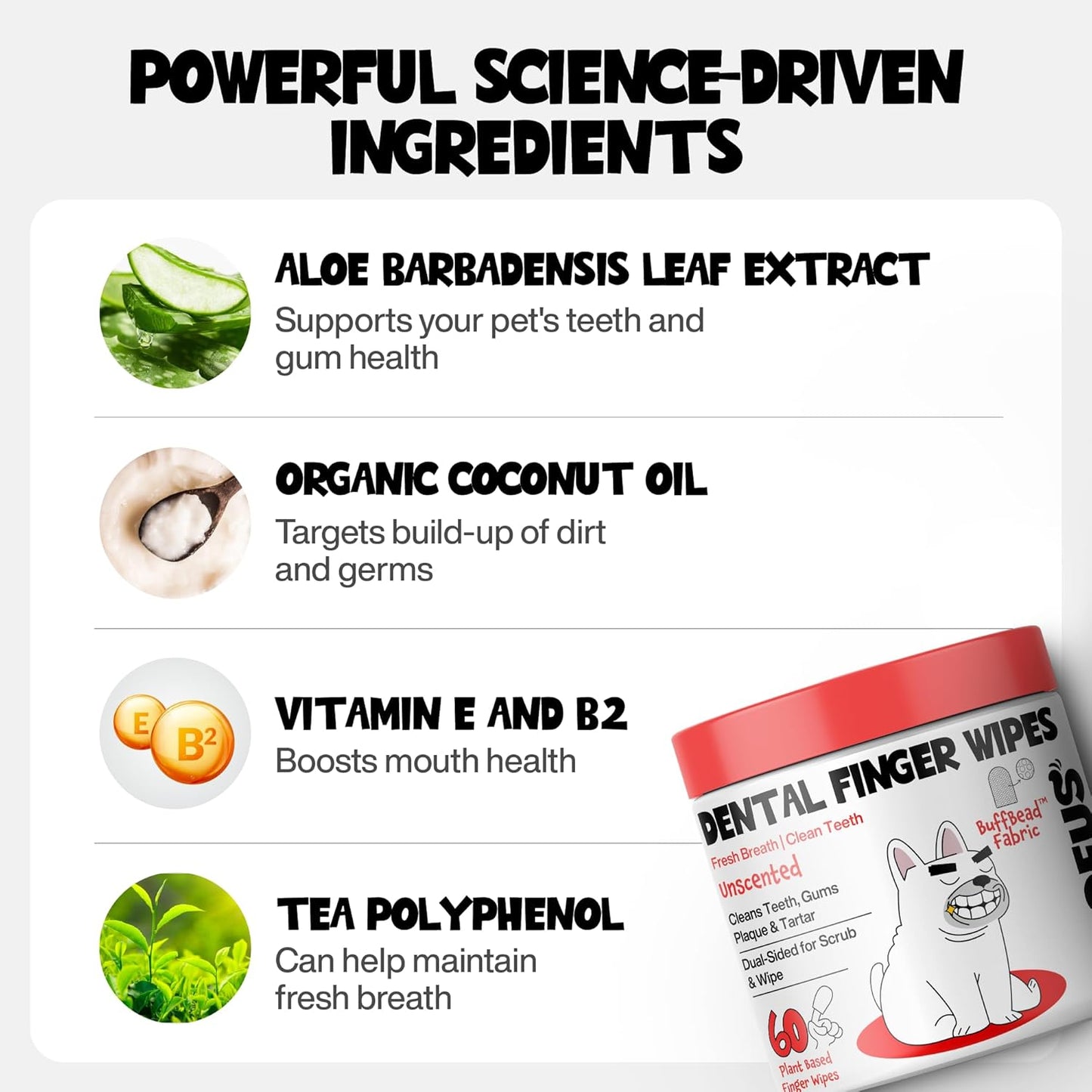 Dog Teeth Cleaning Wipes 60 Packs - Fragrance-Free Dental Wipes to Reduce Plaque & Tartar for Dogs & Cats - Pet Dental Wipes for Oral Freshness