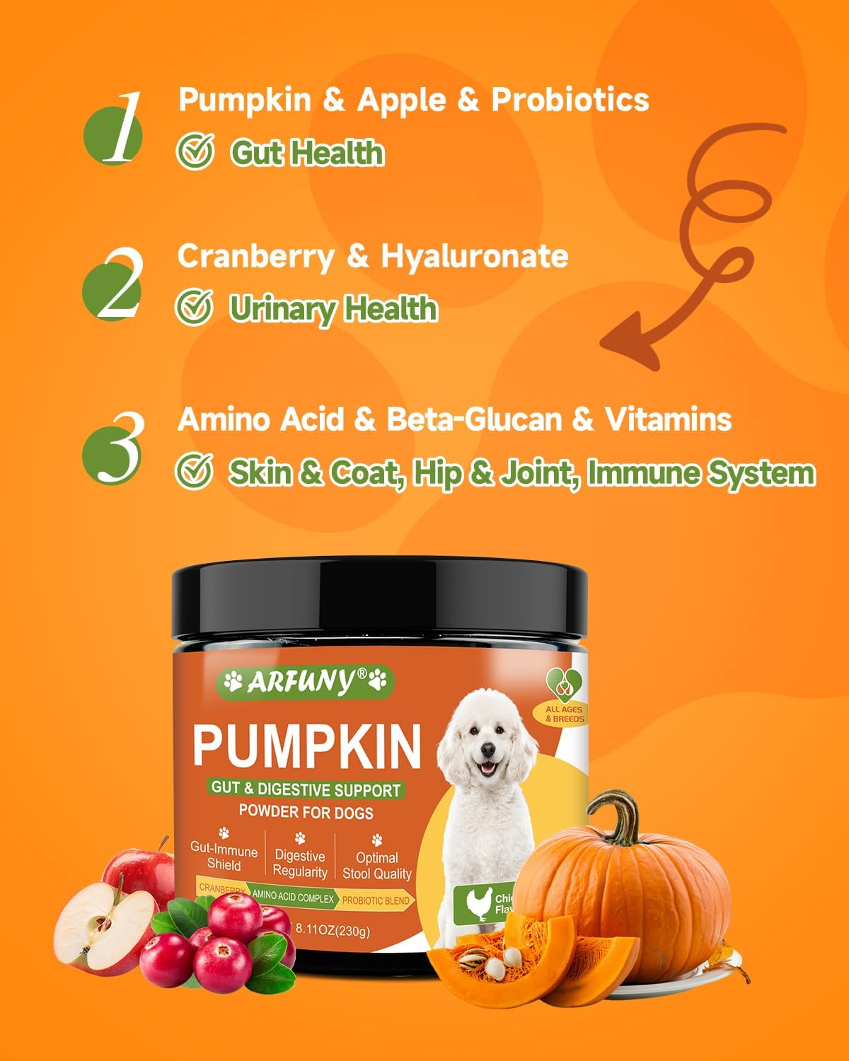 Pumpkin for Dogs - Organic Dog Pumpkin Powder - Daily Support Digestion, Diarrhea, Constipation, Upset Stomach - with Apple, Cranberry, Probiotics, Amino Acid - Urinary, Joint, Skin, Immune Health