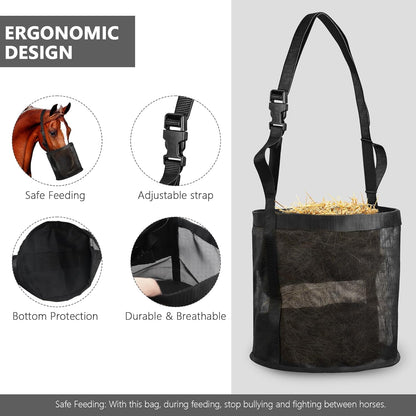 2 Pcs Horse Feed Bag Comfort Breathable Mesh Feed Bucket Heavy Duty Feed Bag with Adjustable Strap and Waterproof Bottom for Horse Feeding Supplies Muzzle Feed Bag, Medium (Black)