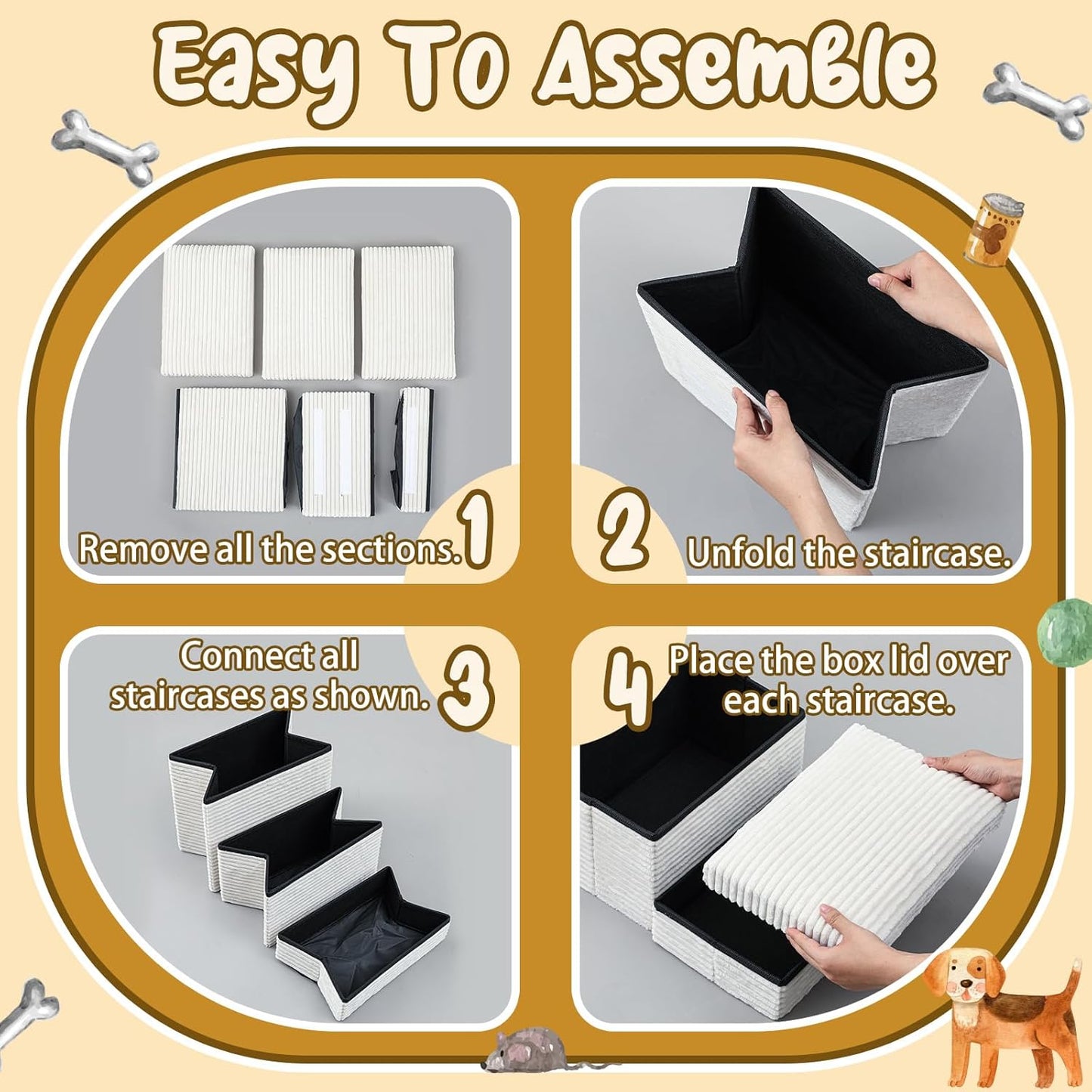 Dog Stairs for Small Dogs with Storage 18" h, 3-Tier Non-Slip Pet Stairs for Dogs Cats, Foldable White Dog Steps Ramp, Corduroy Fabric Pet Ramp for High Beds Couches