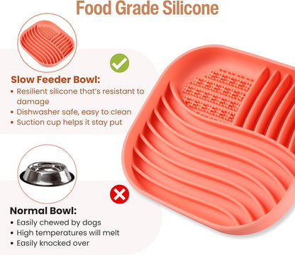 Slow Feeder Bowl With Lick Mat for Medium & Large Breed Dogs - Non-Slip Silicone (Coral)