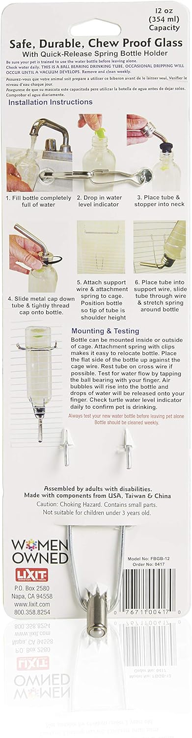 Lixit Chew Proof Flat Sided Water Bottles for Rabbits, Ferrets, Rats, Birds, Hamsters, Guinea Pigs, Chinchillas Gerbils and Other Small Animals (12oz)