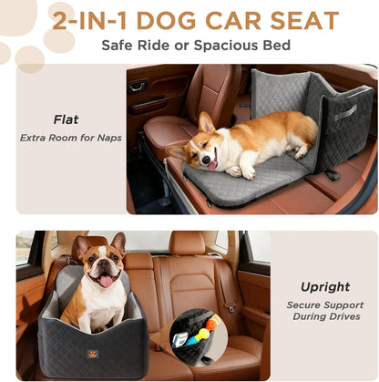Dog Car Seat for Small/Medium Dogs Up to 35lbs, Pet Booster CarSeat with Thick Cushion, Detachable Washable Pet Car Bed with Storage Pockets, 2 Safety Belts (Grey)