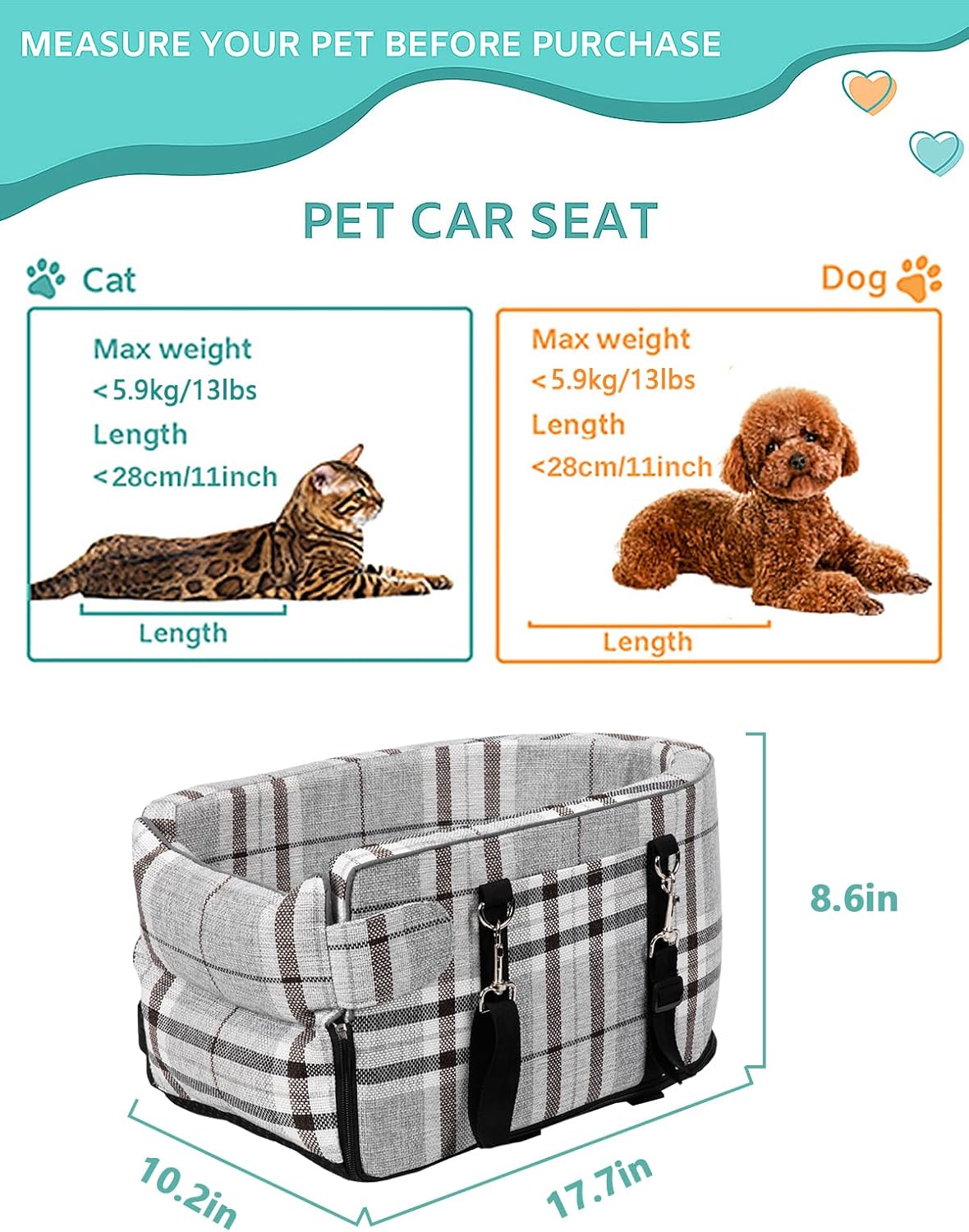 Small Dog Car Seat, Portable Dog Seat with Soft Washable Cushion,Center Console Dog Car Seat for Small Dogs Up to 13lbs(Grid Grey)