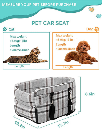 Small Dog Car Seat, Portable Dog Seat with Soft Washable Cushion,Center Console Dog Car Seat for Small Dogs Up to 13lbs(Grid Grey)