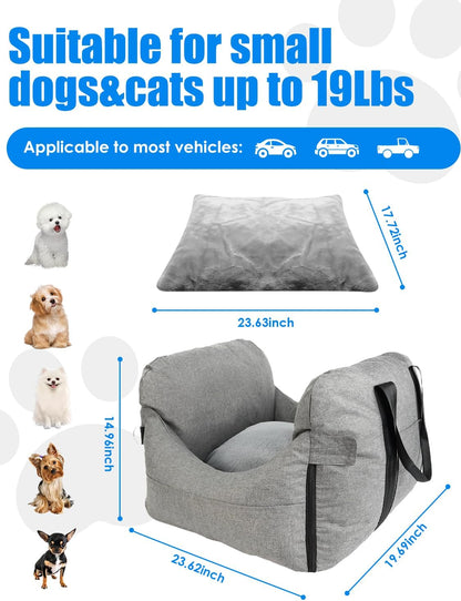 Small Dog Car Seat - Portable Booster carseat with Harness,Detachable Washable Dog Booster Seat Under 19lbs Fits Front & Rear Seats, Soft Pet Car Bed with Storage Pockets and Safety Belt for Travel.