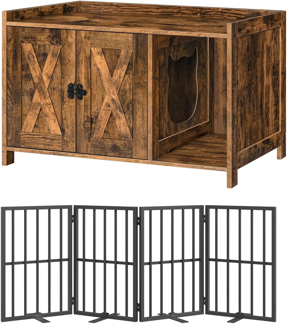 Cat Litter Box Enclosure and Freestanding Dog Gate Bundle, Hidden Litter Box Furniture with Double Room, 4-Panel Foldable Pet Gate with Support Feet, Indoor Use, CWHR1201-DGBK6101