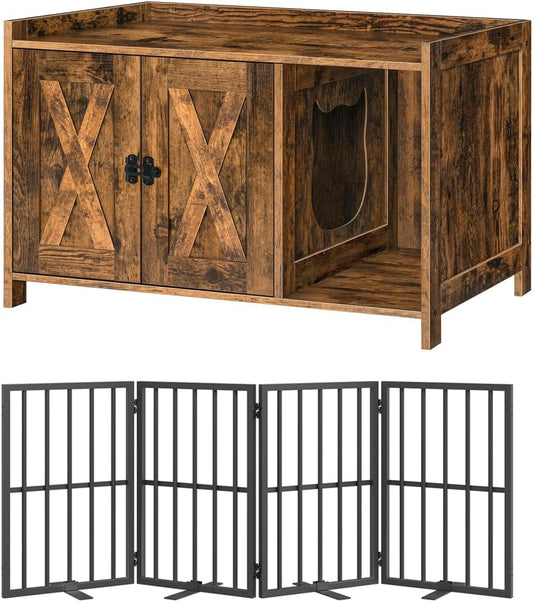 Cat Litter Box Enclosure and Freestanding Dog Gate Bundle, Hidden Litter Box Furniture with Double Room, 4-Panel Foldable Pet Gate with Support Feet, Indoor Use, CWHR1201-DGBK6101