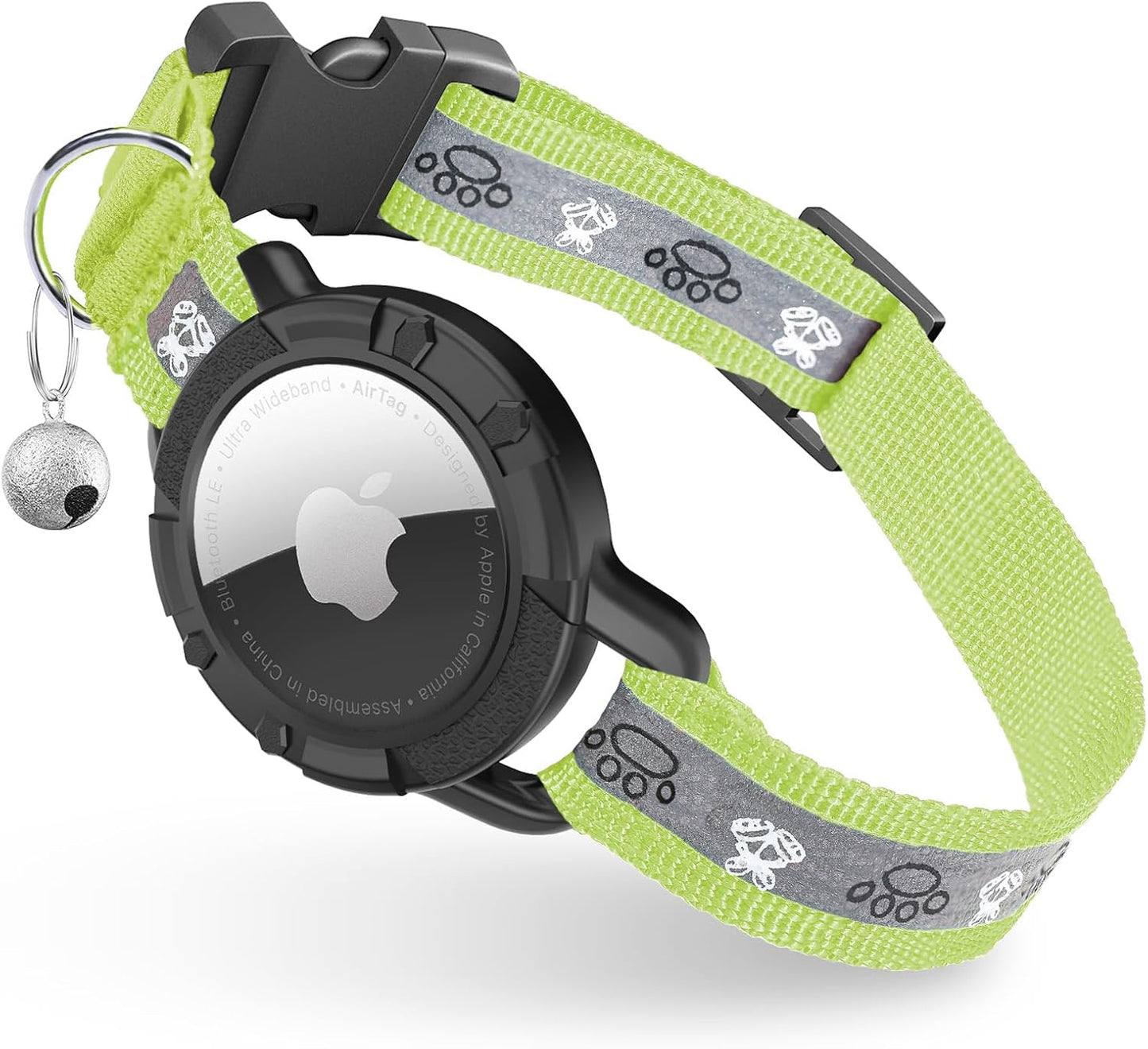 Reflective AirTag Cat Collar, Integrated Cat Tracker Collar with Air Tag Holder and Bell, Safety Elastic Band Cat GPS Collars for Girl Boy Cats, Kittens and Puppies (Olive,S)